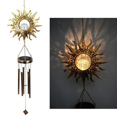 a wind chime hanging from the side of a wall next to an image of a sun