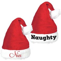 Have you been naughty or nice this year? It's okay to be both! This Naughty and Nice Santa Hat Set features two super-soft hats in the classic design one embroidered with Naughty and the other with Nice across the white trim. Liven up a fun holiday party with these plush Santa hats! pbNaughty and Nice Santa Hat Set product details:-b-p ul li2 hats per package-li liPolyester-li liAdjust size with attached elastic strap-li liFits most adults and kids ages 6 and up-li -ul Soft Hats, Halloween Costume Shop, Santa's Elves, Santa Hats, Elf Hat, Kids Party Supplies, Sports Themed Party, Christmas Party Supplies, Christmas Costumes