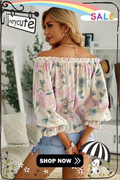 Purple Floral Print Off The Shoulder Blouse Spring Feminine Off-shoulder Blouse, Feminine Off-shoulder Blouse For Spring, Spring Off-shoulder Blouse For Day Out, Off-shoulder Blouse For Day Out In Spring, Off-shoulder Blouse For Spring Day Out, Chic Summer Floral Print Peasant Top, Chic Summer Peasant Top With Floral Print, Chic Floral Print Peasant Top For Summer, Spring Flowy Off-shoulder Top