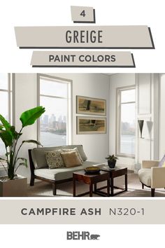 a living room with white walls and furniture in the background, text overlay reads 4 greige paint colours campfire ash n3801