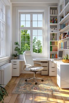 a white chair sitting in front of a window next to a desk and bookshelf