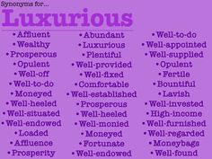 a purple poster with words that say,'luxurious'and'well - appointed '