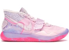 a pair of pink and purple sneakers with angel wings on the upper part of the shoe