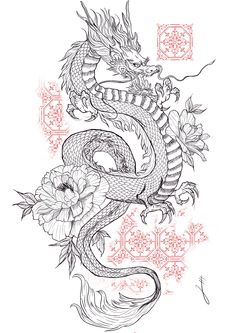 a drawing of a dragon with flowers on it