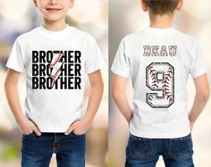 This cute Custom Baseball Brother Shirt is the cutest shirt to support his brother during his baseball season games! This shirt Features brother's baseball name and number on the back of her shirt, with Brother on the front with the baseball look. This Little kid Brother Baseball game shirt will sure to make his brother smile in support of his Big Brother Baseball Shirt. These Toddler Boy Baseball Sibling Tee comes in a variety of sizes and colors to show off his Baseball Bro Shirt to his brother and the crowd! ║ ABOUT OUR TODDLER, YOUTH AND INFANT SHIRTS ║ ◆ Sizes offered: See the Sizes we offer per the drop down menu ◆ Material: 100% Soft Cotton for the T-shirts and bodysuits ◆ Style: Unisex gender neutral clothing ◆ Care: Machine wash cold, inside out with like colors. Tumble dry low. ◆ Brother Baseball Shirts, Baseball Brother Shirt, White Baseball Season Shirt With Team Name, White Number Print Top For Baseball Season, White Top With Number Print For Baseball Season, School Spirit Tops With Name Print For Baseball Season, Short Sleeve Baseball Jersey With Name Print, White Shirt For Baseball Season Game Day, White Shirt For Baseball Game Day