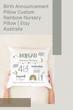 the birth announcement pillow is shown in white