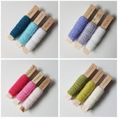 four spools of thread on top of each other in different colors and sizes