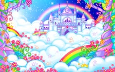 an image of a castle in the sky with rainbows and flowers on it's sides