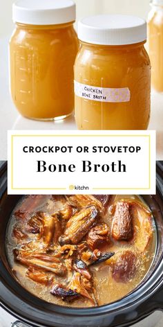 crockpot or stovetop bone broth recipe in the slow cooker with jars