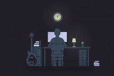 a person sitting at a desk with a guitar in front of him and a clock on the wall