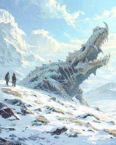 two people are walking in the snow near a giant dragon