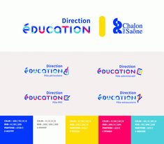 the different logos for education and other school subjects are shown in blue, yellow, red, green, orange, and pink