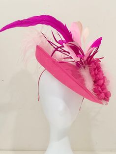 Couture Kentucky Derby Fascinator Hat,  Double side Rose Pink Cruved Hat with Large Multi shade of Pink Flower with Marabou feather ostrich feather, coque feathers  15" Hat   Message me for your customization. Church Tea Party, Kentucky Derby Fascinator, Derby Hats Fascinators, Derby Fascinator, Hat Fascinator, Tea Party Hats, Fascinator Headband, Wedding Fascinators, Fascinator Hat