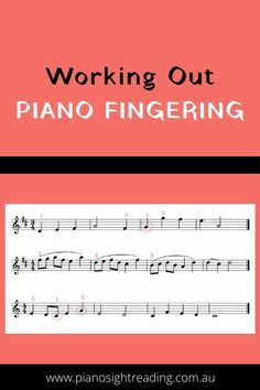 the words working out piano fingering are in black and white, with red background