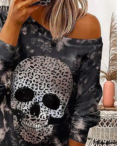 Olivia Mark - Cheetah Skull Print Halloween Long Sleeve Sweatshirt Dress Cheetah Skull, Long Sleeve Sweatshirt Dress, Casual Halloween, Halloween Long Sleeve, Long Sleeve Casual Dress, Halloween Prints, Long Sleeve Sweatshirt, Skull Print, Halloween Skull