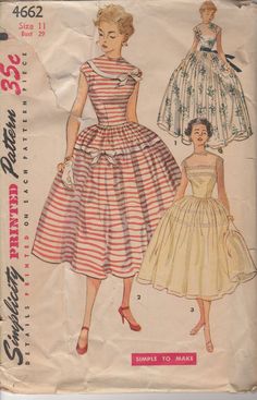 This "Simple to Make"  dress is sleeveless and has a fitted bodice and full gathered skirt.  View 1, evening length dress, has a ribbon belt.  View 2 has contrasting bias trim and bows on bodice and skirt.  View 3 is styled with two rows of lace insertion trim on bodice and skirt. CONDITION Pattern: cut and complete Envelope: poor-torn and taped on front, tears on seams and corners, yellow with age Summer Cocktail Dress, Patron Vintage, Simplicity Dress, 20th Century Fashion, Vintage Dress Patterns, Fashion 1950s, 1950s Style, Couture Mode, Motif Vintage