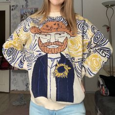 Van gogh Cartoon Sweater – Galartsy Van Gogh Cartoon, Artsy Sweaters, Cartoon Sweater, Cartoon Women, Preppy Tops, Flare Sleeve Sweater, Kawaii Hoodie, Harajuku Hoodie, Sweaters Vintage