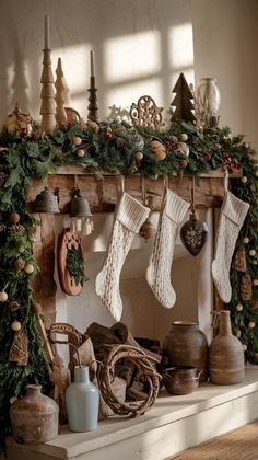 a mantel with stockings hanging from it's sides