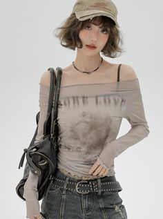 ❤︎American mesh sheer off-the-shoulder long T + camisole inner❤︎ Mesh T Shirt, Long T, Suspenders, Mesh Top, Off The Shoulder, Long Sleeve Tshirt, Womens Shirts, Mesh, Long Sleeve