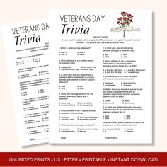 the veterans day trivia printable is shown in red and white with black lettering