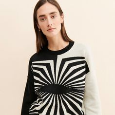 Colorblock Geo Knit Sweater Chic White Jacquard Knit Sweater, Modern Knit Top For Fall, Chic Jacquard Knit Crew Neck Sweater, Unique Skirts, Color Block Design, Cozy Style, Black And White Color, Block Design, Black And White Colour