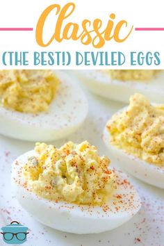 deviled eggs with red sprinkles on them and text overlay reading classic the best deviled eggs