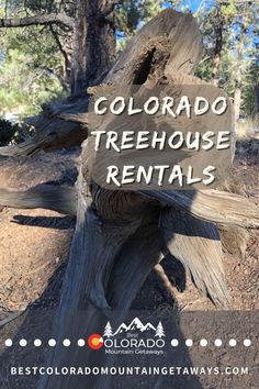 the colorado treehouse rental sign is posted in front of an old log and some trees