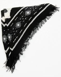 100% viscose 26" x 26" Black Bohemian Bandana For Spring, Bohemian Black Bandana For Spring, Spring Bohemian Black Bandana, Black Bohemian Headscarf For Summer, Black Bohemian Scarves With Bandana Print, Bohemian Black Headscarf For Beach, Bohemian Bandana Print Headscarf For Beach, Patterned Casual Bandana For Festival, Bohemian Bandana Print Scarves For The Beach