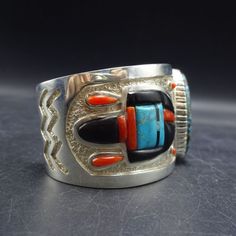 MICHAEL PERRY Navajo TURQUOISE and CORAL Sterling Silver YEI Cuff BRACELET | eBay Traditional Adjustable Cuff Bracelet With Inlay, Traditional Adjustable Inlay Cuff Bracelet, Southwestern Style Cuff Bracelet, Black Jet, Turquoise And Coral, Navajo Turquoise, Sterling Silver Cuff Bracelet, Sterling Silver Cuff, Silver Cuff Bracelet