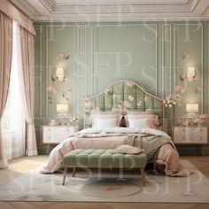 a bedroom with a bed, dressers and two lamps on either side of the bed