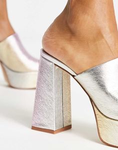 Shoes by ALDO Who needs the back of a shoe? Iridescent finish Slip-on style Peep toe Platform sole High block heel Leather Trend, Platform Mules, Body Fit, Leather Fashion, Block Heels, Asos, Slip On, Heels, Leather