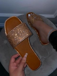 Sparkly Chanclas, Cute Slides, Ladies Slides, Bling Sandals, Rose Gold Sandals, Pretty Sandals, Rhinestone Flats, Slide Slippers