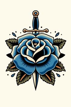 a blue rose and dagger tattoo design