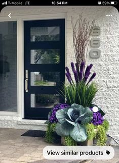 a planter with purple and green flowers in front of a door