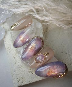 Glass Effect Nails, Cosmic Nail Art, Crystal Inspired Nails, Astronomy Nails, Dreamy Nail Art, Glass Manicures, Gemstone Nail Art, Nail Galaxy, Galaxy Nail Designs