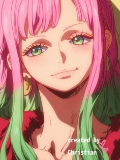 an anime character with pink hair and green eyes