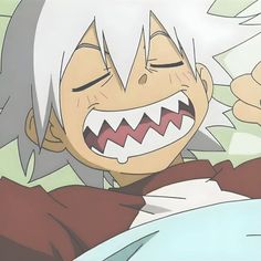 an anime character with white hair and big teeth