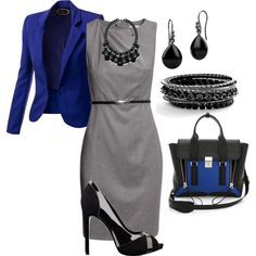 Royal Blue And Gray Outfit, Grey Dress Outfit, Royal Blue Blazer, Grey Sheath Dress, Blue Outfits, Dress Blazer, Classic Grey, Blazer Outfit, Dress Silver