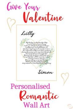 This pin is of a romantic poem that you can give for a Valentines Day gift. It's written by Becky from Khaim Designs. It is a digital download printable wall art print with a pretty gold heart and green botanical leaves. The rhyme is in the centre. You can personalise this by adding your Valentine's name and your name to the poem. Tender Care