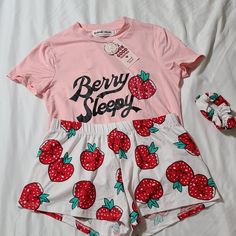 3 Piece Pj Set Xs But Fits Like A Small Casual Cotton Sleepwear With Strawberry Print, Summer Cotton Sleepwear With Strawberry Print, Summer Cotton Sleepwear With Graphic Print, Cotton Graphic Print Sleepwear For Summer, Trendy Relaxed Fit Sleepwear For Spring, Red Stretch Summer Sleepwear, Casual Summer Sleepwear, Cute Red Summer Sleepwear, Spring Cotton Sleepwear With Letter Print