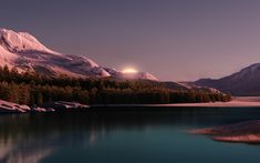 a lake surrounded by mountains and trees under a purple sky with the moon in the distance