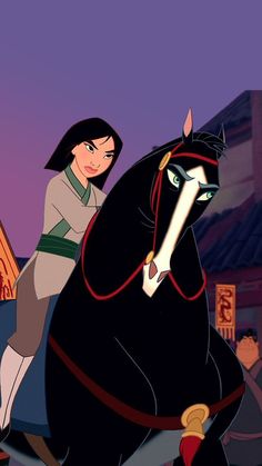 an animated image of a woman riding on the back of a black horse in front of other people