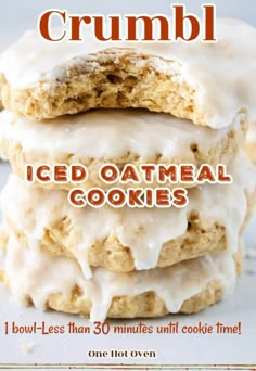 an advertisement for iced oatmeal cookies with frosting on top and the words, crumbl