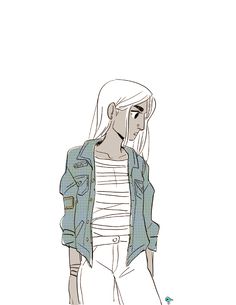 a drawing of a woman with white hair and blue jacket standing in front of a wall