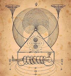 an old fashioned drawing with lines and circles in the shape of a pyramid on parchment paper