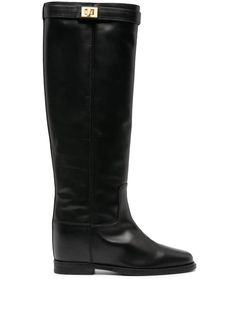 Black calf leather boots, panelled design, strap and twist-lock fastening, almond toe, silver-tone hardware, tonal stitching, flat rubber sole, knee-length, slip-on style, heel height 2 cmComposition: Leather, 100% Classic Calf Leather Moto Boots For Work, Classic Workwear Moto Boots In Calf Leather, Classic Calf Leather Knee-high Boots With Leather Sole, Classic Knee-high Boots With Calf Leather, Classic Calf Leather Knee-high Boots For Business, Classic Knee-high Calf Leather Moto Boots, Classic Leather Mid-calf Boots For Work, Calf Leather Boots, Herno Jacket