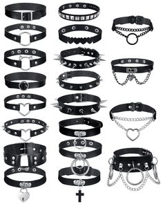 PRICES MAY VARY. Various Styles: you will receive 1 gothic choker set coming with 20 pieces of black PU leather chokers in different styles, including heart, o ring, cat ears, studded rivet spike, and more, they can be matched at will to form different styles, making you cool and charming Adjustable Size to Wear: each punk bracelet is adjustable, so you don't worry about the size error, suitable for most people; You can adjust the snaps from smaller to larger according to your neck circumference Gothic Style Jewelry, Mall Goth Accessories, Trad Goth Accessories, Emo Choker, Goth Collar, Alt Accessories, Spiked Choker, Leather Goth, Alternative Accessories