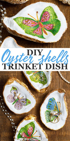 oyster shells with decoupage butterflies and gold painted edges Oyster Shell Decoupage Diy, Decoupage Oyster Shells, Oyster Shells Diy, Painted Seashells, Diy Nature, Shell Trinket Dish, Oyster Shell Crafts, Vbs 2024, Napkin Decoupage