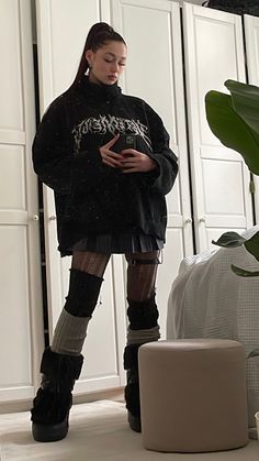 Techno Outfit Winter, Cybersigilism Outfit, Punk Style Winter Leg Warmers For Streetwear, Edgy Goth Outfits, Gothic Platform Boots For Winter Streetwear, Winter Rave Outfits Cold, Knee High Platform Boots Outfit Grunge, Black Platform Knee-high Boots For Streetwear, Winter Rave Outfits