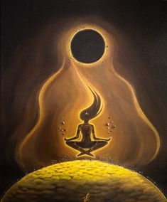 a painting of a person doing yoga on top of a hill with the sun in the background